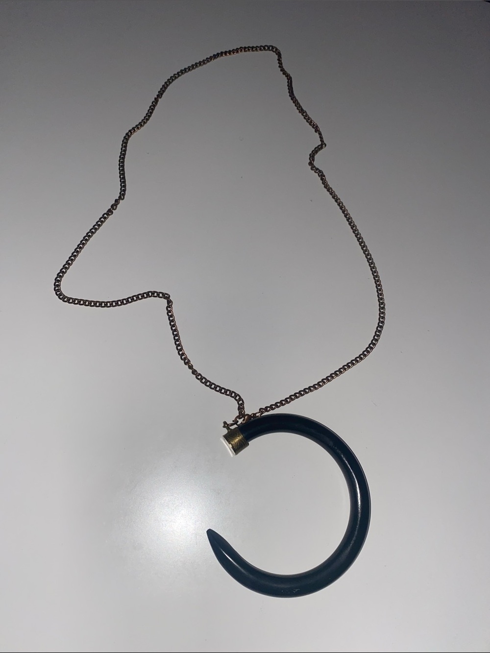 Black Crescent Pendant Brass Antique Gold Tone Chain Necklace